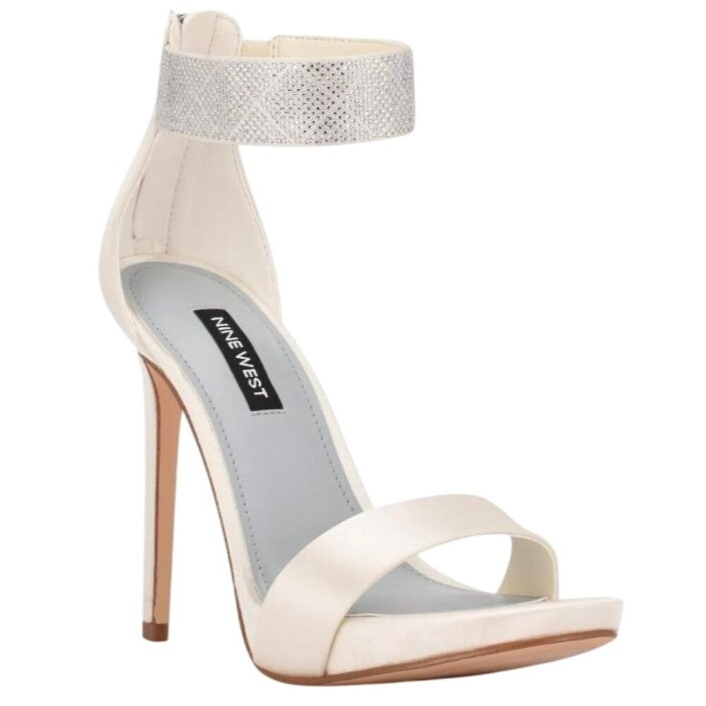 NEW Nine West Utell Satin‎ Embellished Ankle Strap Ivory Stiletto Heels Size 9.5